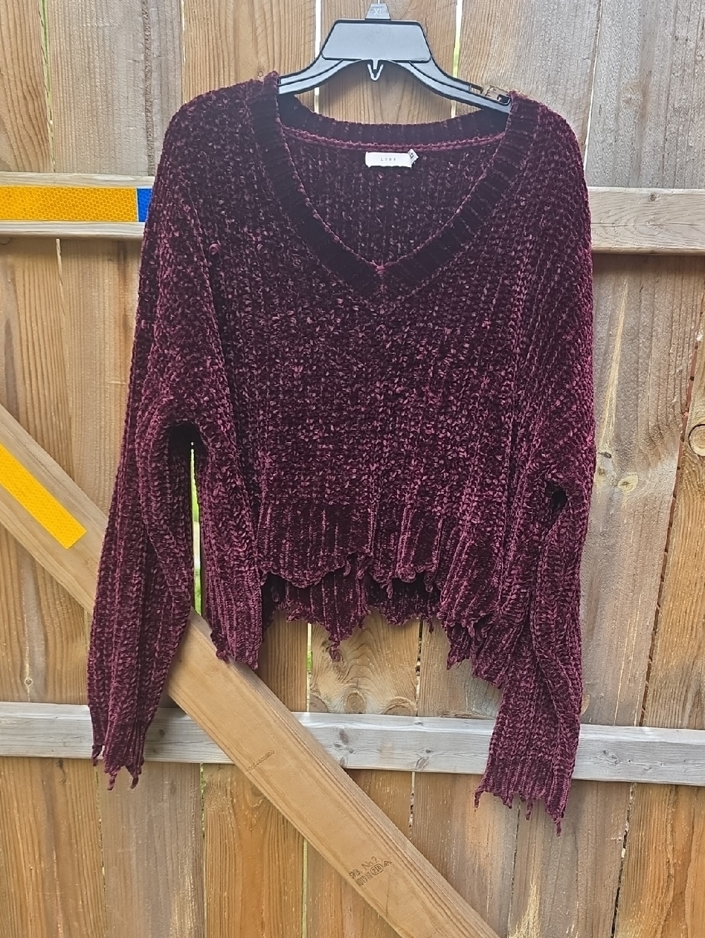 Lush Distressed V-Neck Sweater - Burgundy